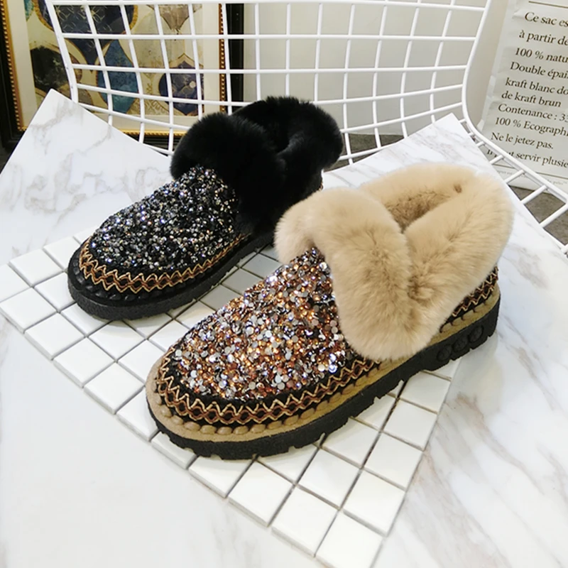 EXCARGO Rhinestone Shoes Lady Flat Fur Warm Winter Casual Shoes Woman 2018 New Woman Snow Boots Shoes Plush Mane Fur Flat 40