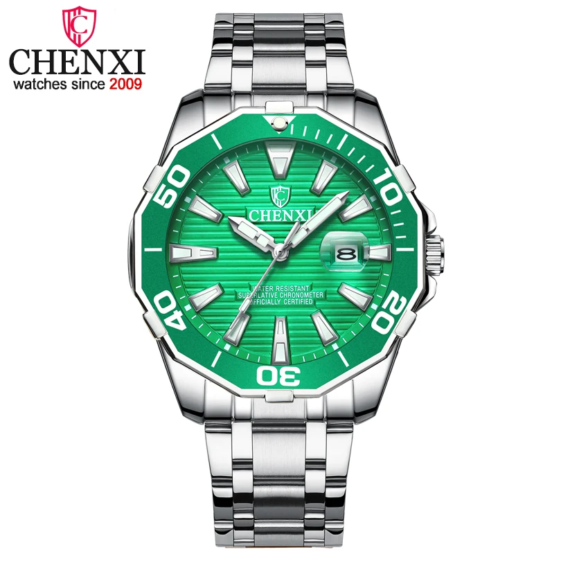 

CHENXI Men Fashion Dial Calendar Display Quartz Watch Business Luxury Sport Waterproof Green Clock Stainless Steel Wristwatches