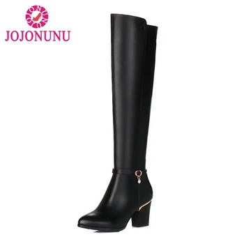

JOJONUN Women Natural Real Leather Knee Boots Winter Snow Boots Sexy Square Heel Zipper Women Riding Boots Shoes Plus Size 31-45