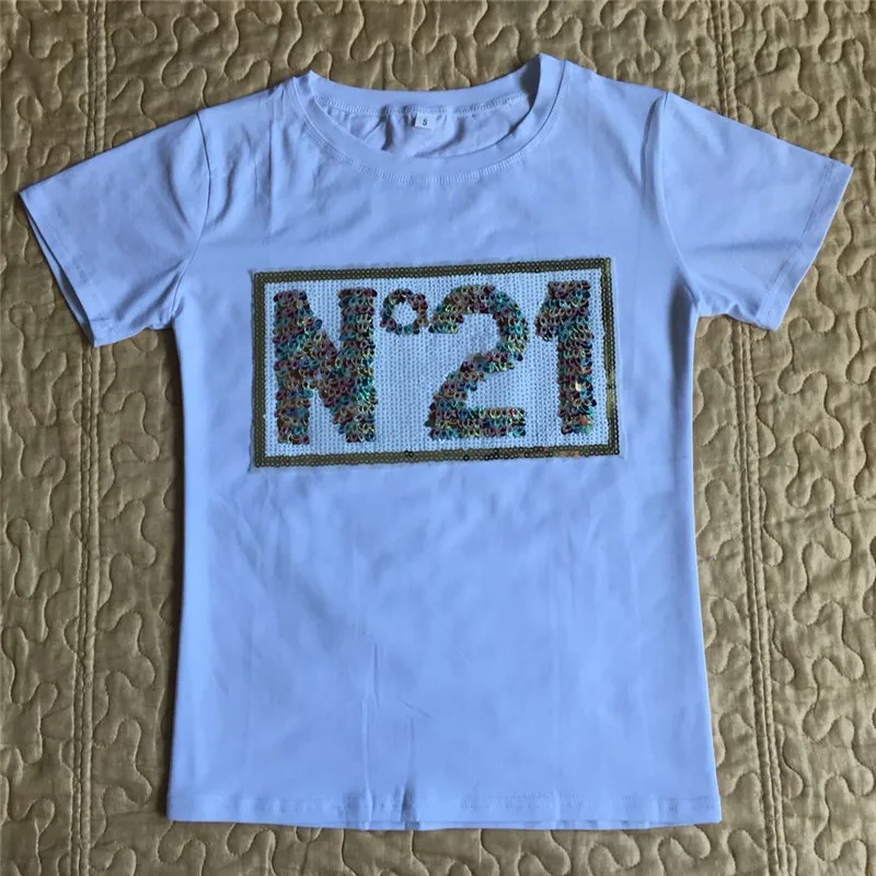 26 Fashion N 21 Colours Sequin Cotton T Shirt Women Summer Top Short Sleeve O-neck Tshirt Women Shirts Black White Tee Shirt Femme