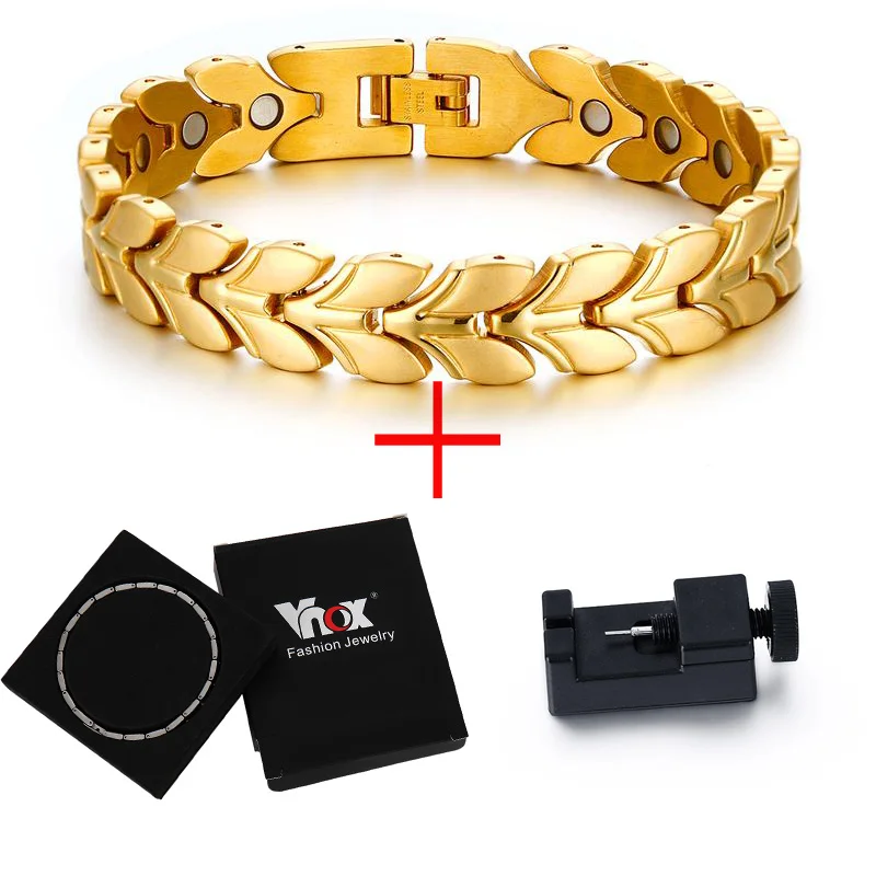 Vnox здоровья магнитный пшеницы цепи Браслеты для Для женщин Для мужчин Мощность золото-цвет Сталь Браслеты ювелирные изделия - Окраска металла: gold Add tool box