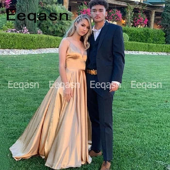 

Simple Prom Dress with Pockets Pleated Stretch Satin Floor Length Maxi Dresses for Special Occasion vestidos de festa 2020