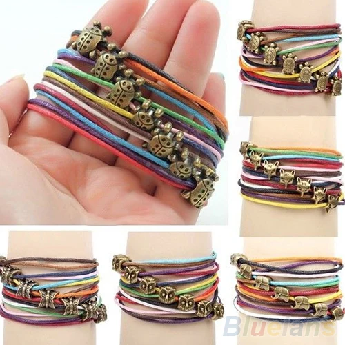 Multilayer twine Owl Elephant Leather Braided Rope Unisex Lucky Charms