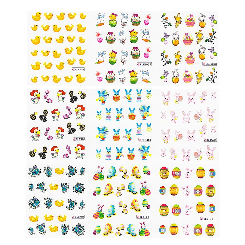 

12 Patterns/Big Sheet Happy Easter Nail Water Transfer Decal Sticker DIY Nails Decoration Manicure Bunny Egg Chicken Rabbit