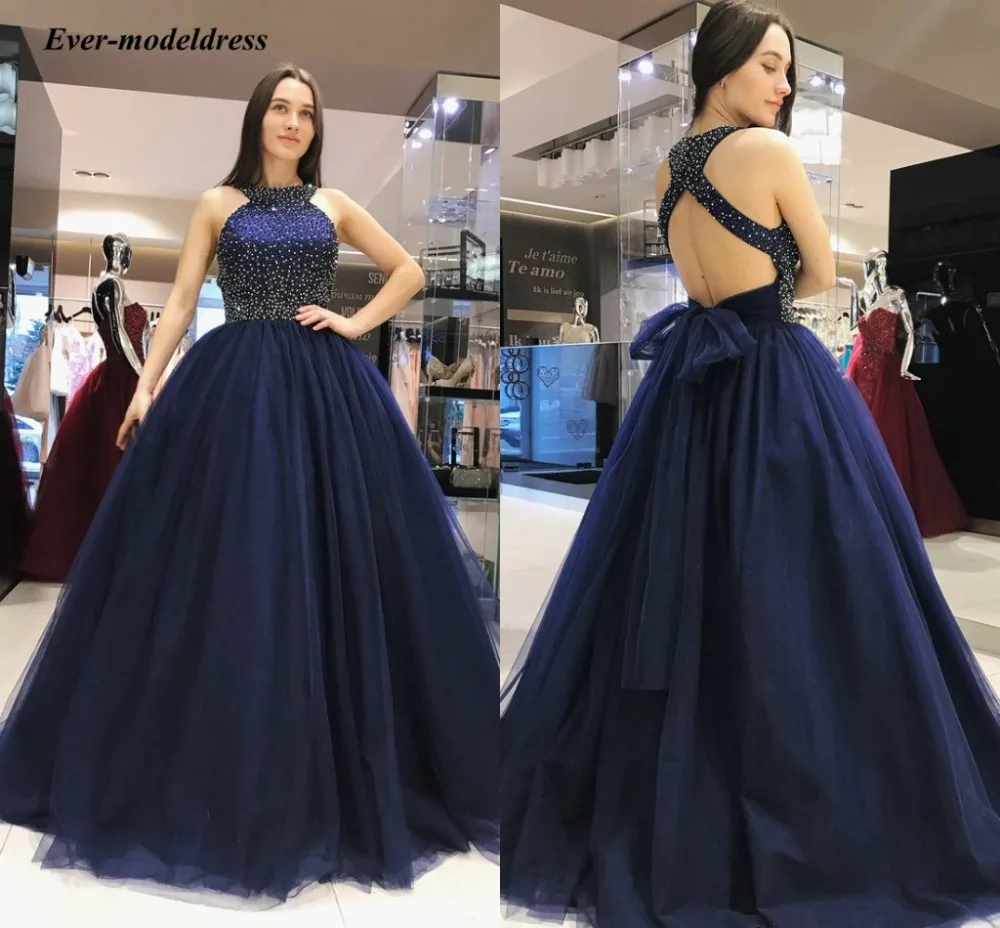 

Elegant Bridesmaid Dresses 2019 Dark Davy Halter Backless Beaded Ball Gown Wedding Guest Party Gowns Country vestido de festa