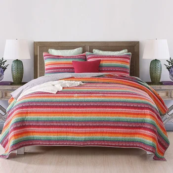 

Rainbow Stripe Quilt Set 3PCS Bohemian Thicker Bedspread Quilted Cotton Quilts Bed Cover Pillowcase Blanket Queen Size Coverlets