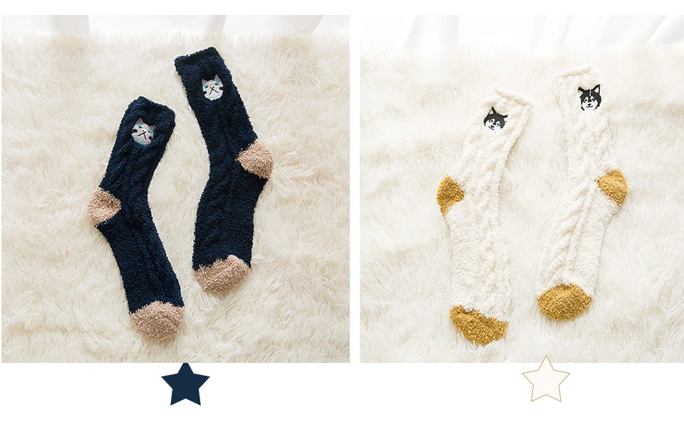 2019 Winter New Embroidered Animal Puppies Cat Lady Floor Sock Thick Section Warm Home Coral Velvet Ladies Socks Wholesale (9)