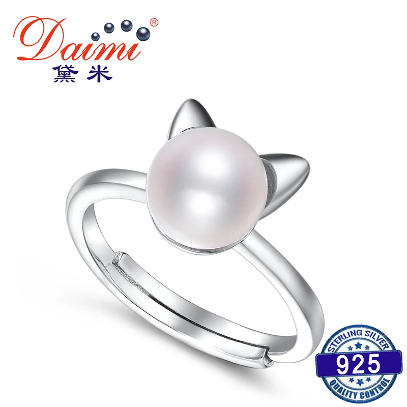 

DAIMI 925 Sterling Silver Ring New Lucky Cat Ring 7-8mm White Freshwater Pearl Ring Brand Jewelry Gift For Women