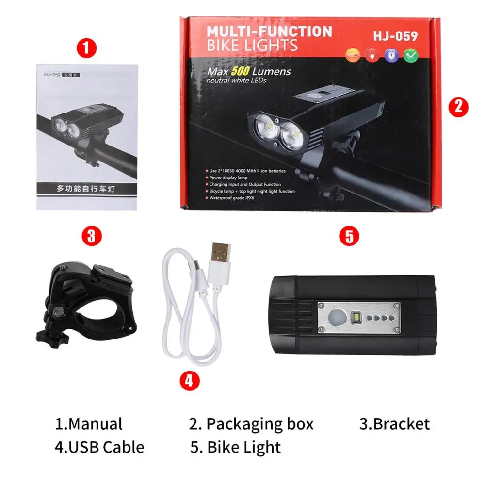 Perfect WEST BIKING Bicycle Light USB Rechargeable Bike Headlight 500 Lumen 4000mAh T6 LED Waterproof Flashlight 3 Modes Cycling Lamp 5