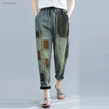 Ретро бойфренд длиной до колена джинсовые штаны-шаровары женские летние резинка на талии винтажные женские Лосины со вставками джинсы Femme