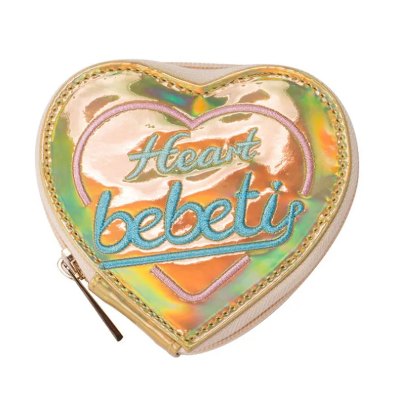 

Korean version of the fashion heart embroidery laser bright leather wallet pu laser heart candy color wallet
