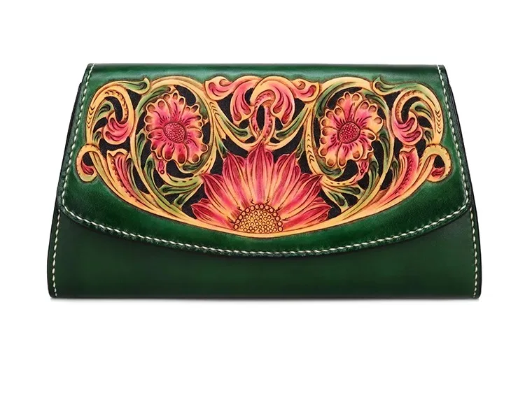 Dame Leder Kreuz Vintage Sunflower Tasche Haut Kupplung Kuh Klappe grün Schwarzes Schulter Weiblich Frauen Geschnitzte Designer Geldbörse Handgemachte rot Echtes 6pdfqd