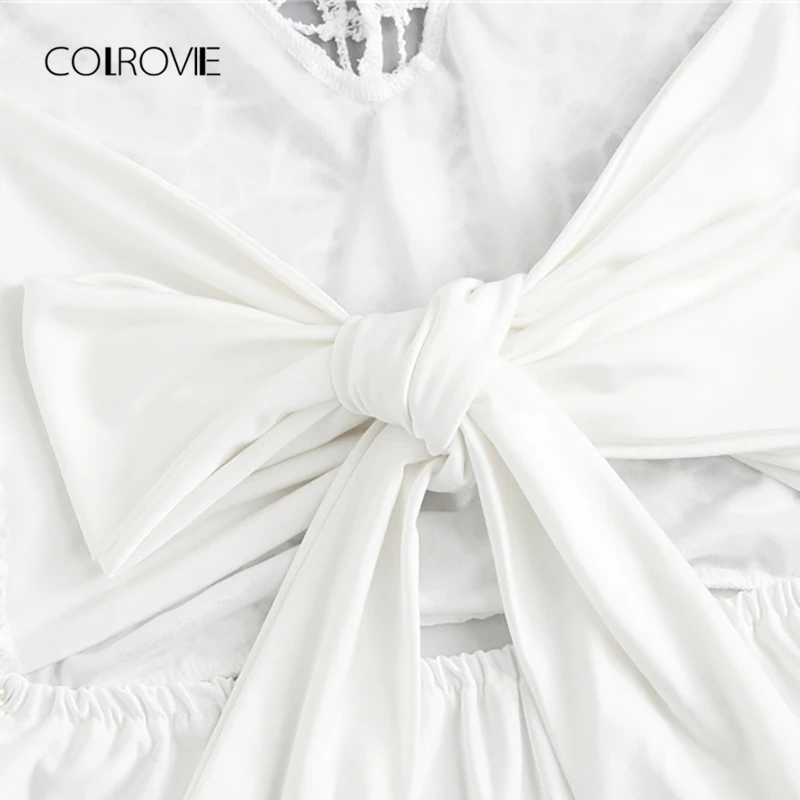 COLROVIE Lace Crochet Contrast Tie Back White Bodysuit 2018 Summer Spaghetti Strap Sexy Bodysuit Embroidery Women Bodysuit COLROVIE Lace Crochet Contrast Tie Back White Bodysuit 2018 Summer Spaghetti Strap Sexy Bodysuit Embroidery Women Bodysuit