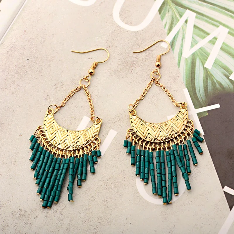 

Vintage Ethnic Bohemian Beads Earrings 2019 Green Tassel Hanging Dangle Earring Gold Geometric Tibetan Jewelry Wholesale