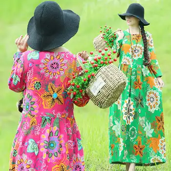 

New Autumn and Winter Traditional Easy Long sleeves Cotton and Linen Woman National Wind Costume Printing Dress NY1881839
