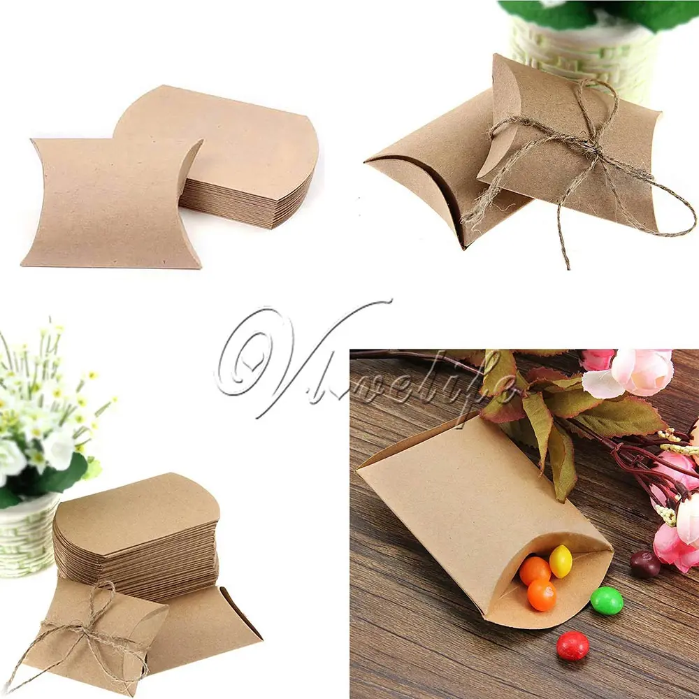 

50Pcs/lot New Style Pillow Shape Box Candy Box Gift Box for Wedding Party Favor Decor Brown Kraft Paperboard Wholesales