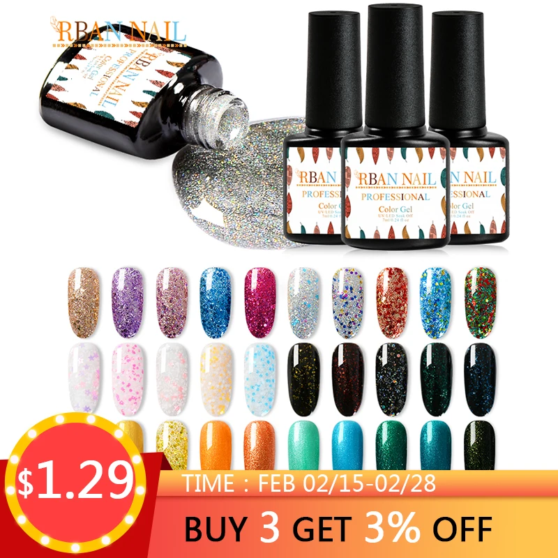 

RBAN NAIL Glitter Gel Nail Polish 7ml Soak Off UV LED Gel Holographic Color Nail Gel Varnish DIY Nail Art Manicure Decorations