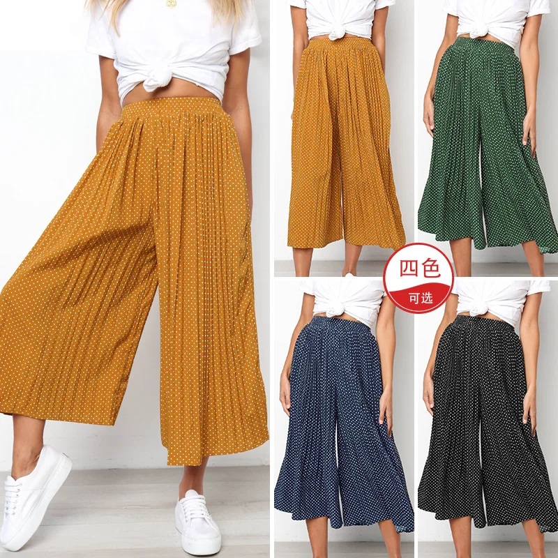 

New Pants For Summer 2019 Women Casual Loose Wide Leg Pants Fashion Dot Fold Calf-Length Pants Ladies Summer New Wide Leg Pants