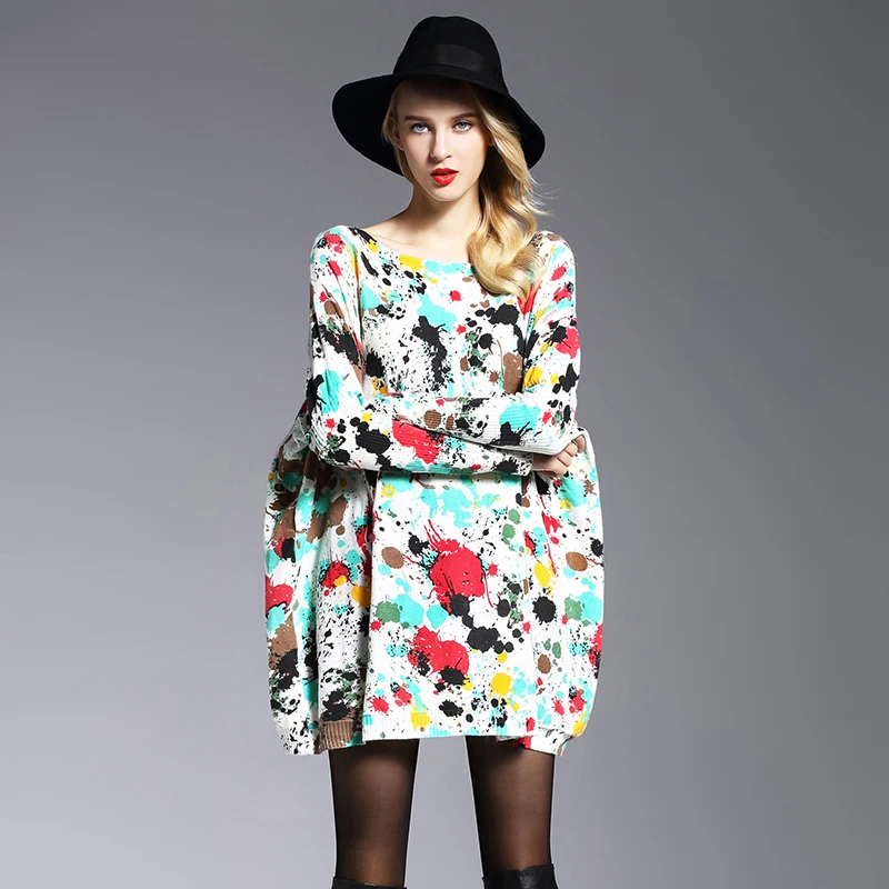 

Xikoi New High Quality Women 'S Sweaters Fashion Batwing Sleeve Print Slash Neck Pullovers Computer Knitted Women Sweater K6875