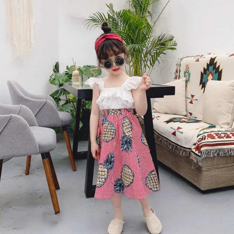 

Girls Clothes Set Summer 2Pc Baby Girl Vacation Style Outfits Sleeveless Vest+Pineapple Striped Skirt Cute Baby Kids Sets