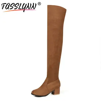 

TASSLYNN 2019 Fashion Women Boots High Heels Boots Slim Look Over The Knee Boots Zippers Square Heels Women Shoes Size 34-43