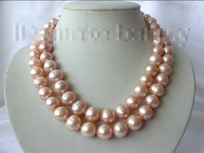 

Free shipping >>>>>>stunning 2rows big 14mm round pink freshwater cultured pearl necklace h1080
