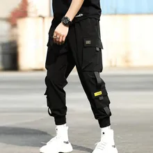 Весенне-осенние мужские черные брюки-карго в Корейском стиле с несколькими карманами, с лентами, уличная одежда, мужские штаны-шаровары в стиле панк, хип-хоп, джоггеры