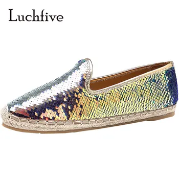 

2019 European Designer Fashion Bling Bling Sequined Gold Loafes Casual Flats Shoes Women Straw Braid Fishermen Shoes