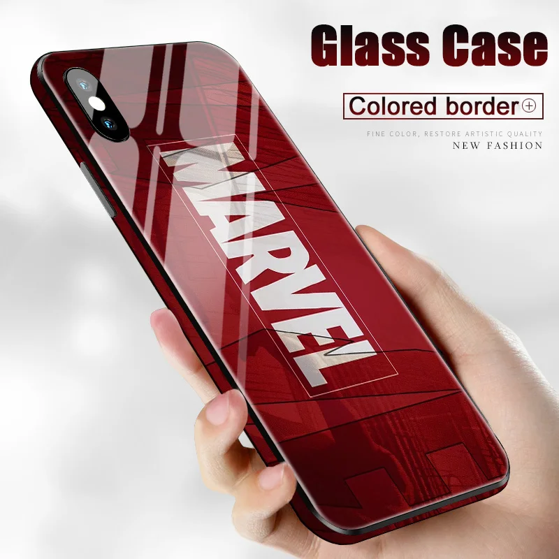 

Luxury Superhero Glass Phone Cases for iPhone 8 7 6s Plus XS Max XR 10 8Plus 7Plus Marvel Avengers Spiderman Superman Logo Cover