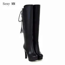 Осенне-зимние теплые женские сапоги до колена сапоги на высоком каблуке сапоги платформе высокие сапоги большие размеры 34-40 41 42 43