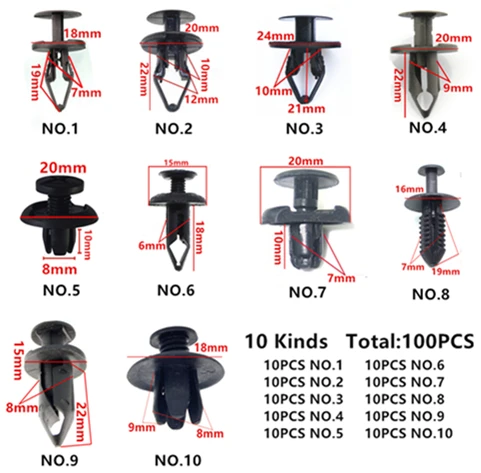 100 шт, разные универсальные 5 мм, 6 мм, 7 мм, 8 мм, 9 мм, 10 мм, автомобильные крепления из пластика, зажимы для всех автомобилей, винтовые заклепки - Название цвета: 100pcs set 6