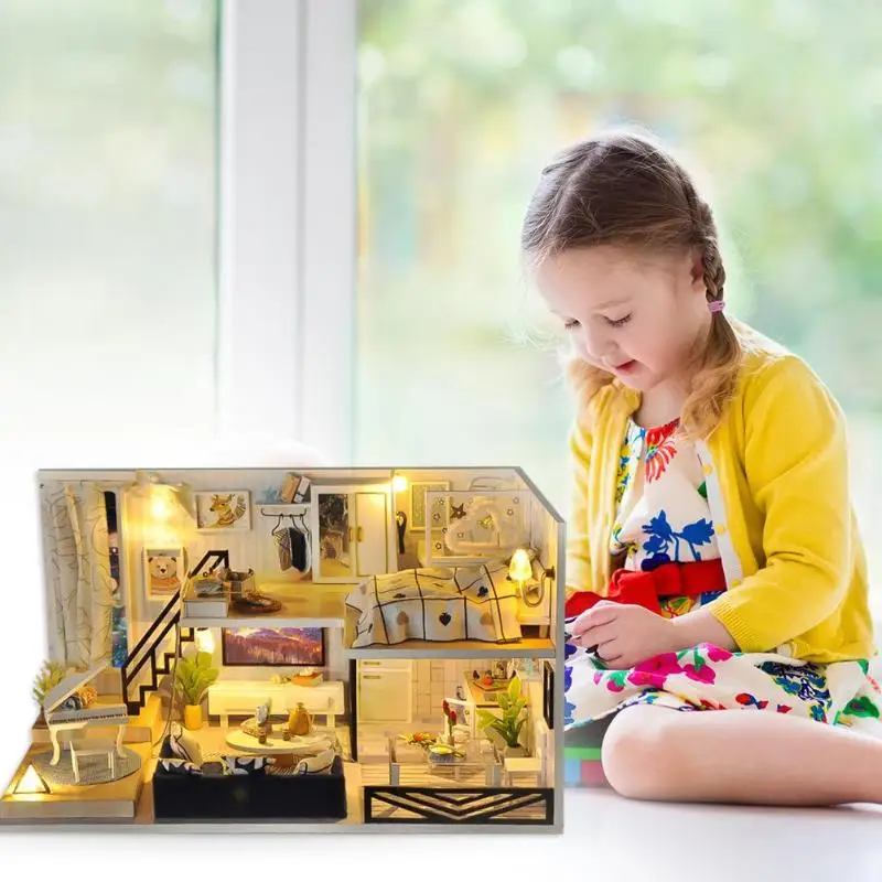 Кукольный домик мебель DIY деревянный миниатюрный кукольный домик игрушки для детей подарок 6 светодиодный свет+ батарейный блок переключатель+ пылезащитный чехол