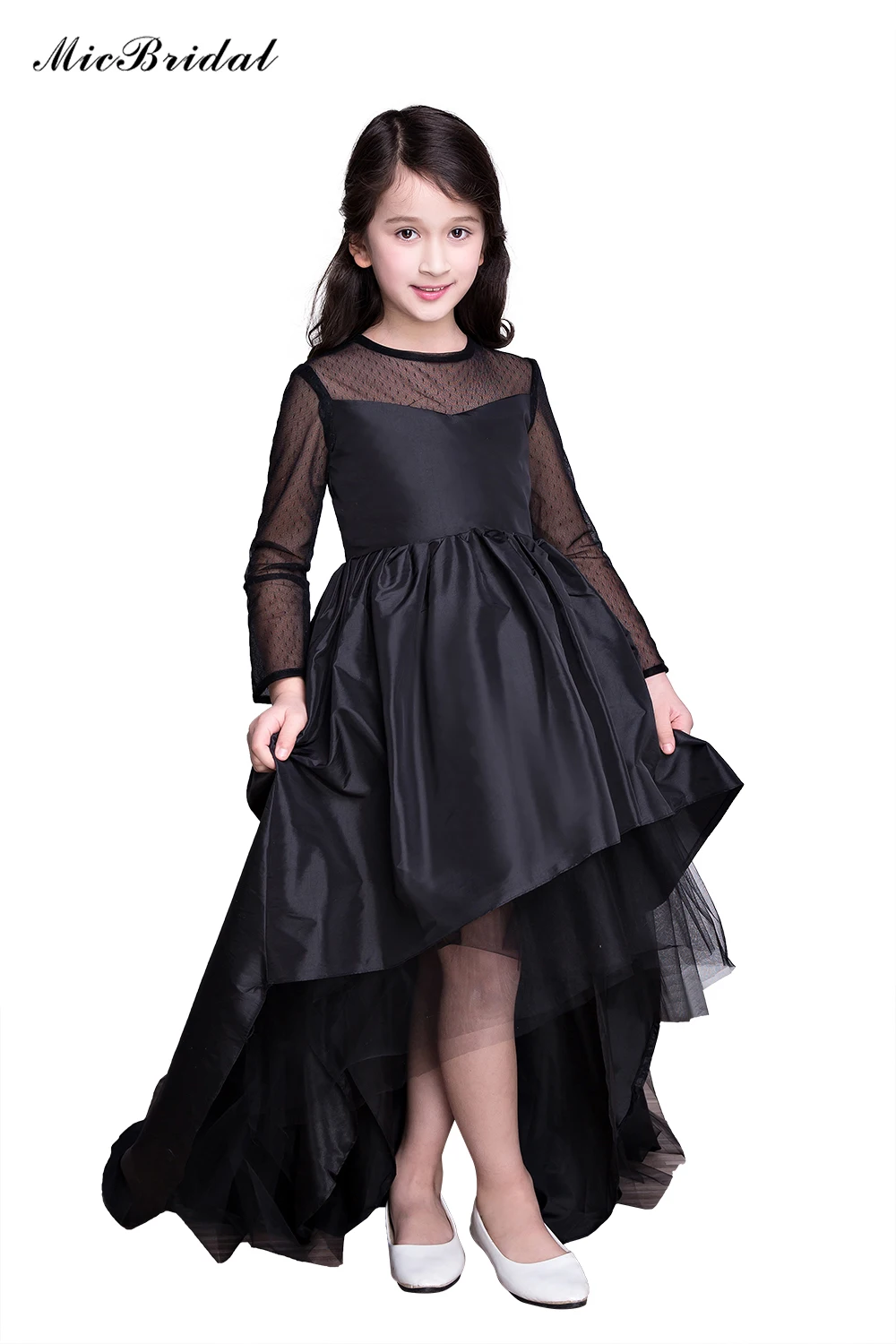 Micbridal Girls' Long Sleeves Satin Material Buttons&ampBow Embellished Back High-Low Sweep Train Prom Dress Evening Gown | Свадьбы и