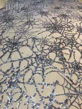 

5yards/bag HL199## Gray-black adhesive sequins mesh fabric spider web patterns French fabric used in wedding dresses