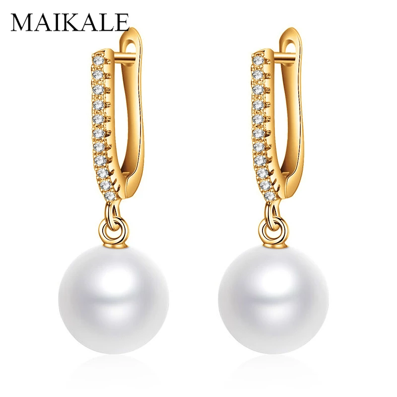 

MAIKALE Fashion Cubic Zirconia Pearl Stud Earrings CZ Round White Red Pearls Long Earings for Women Wild Korean Jewelry Gifts