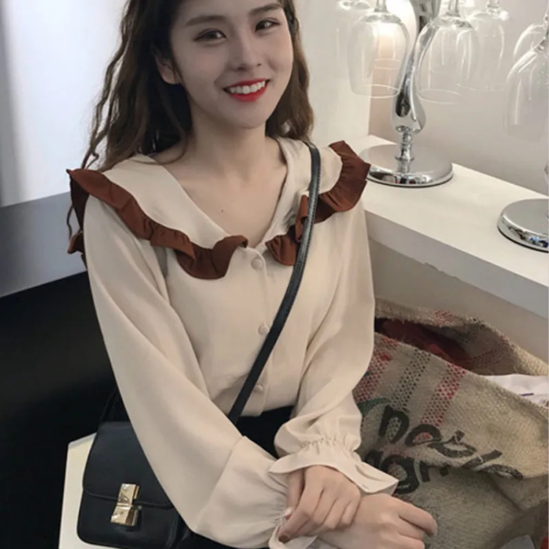 

Autumn Clothing The New Lotus Leaf Collar Temperament Korean Version Leisure Wild Color Matching Kawaii Women Long-sleeved Shirt
