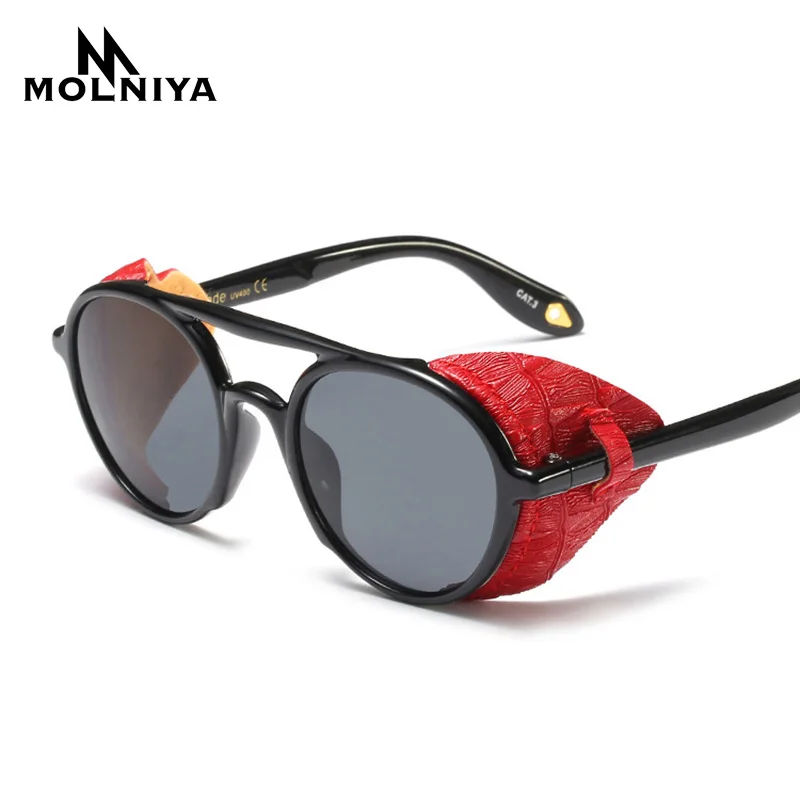 Новые стимпанк мужские солнцезащитные очки с боковыми щитами Летние Стильные кожаные круглые солнцезащитные очки для женщин фирменный дизайн ретро uv400