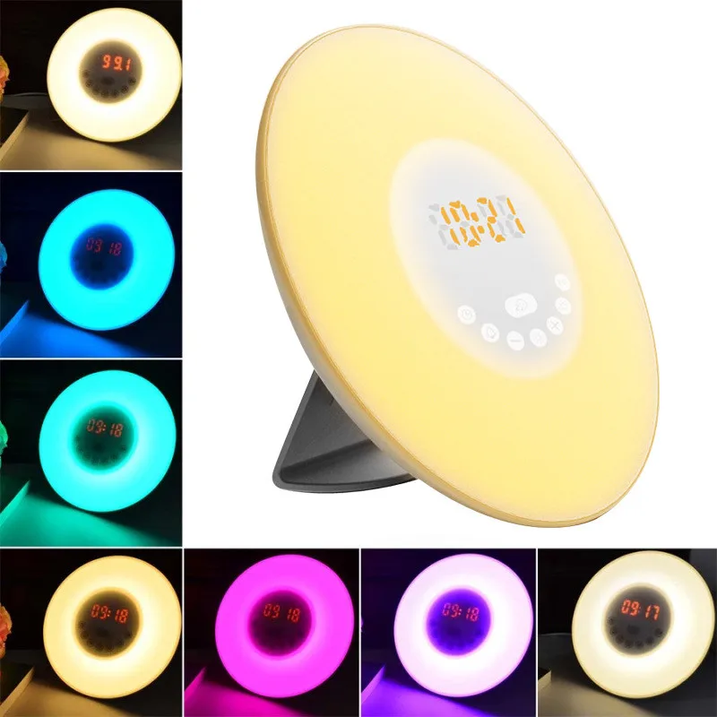 

Wake Up Light Alarm Clock Sunrise / Sunset simulation digital clock with fm radio 7 colors light sounds Touch function Control