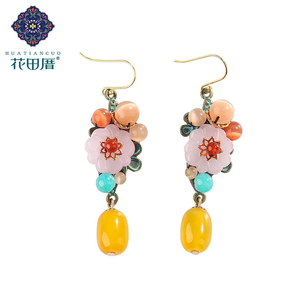 

Pink Glass Flower Yellow A gate Bead Ethnic Handmade Pendant Dangle Earring Imitation Opal Bead Blue Woman Jewelry EZ-18083