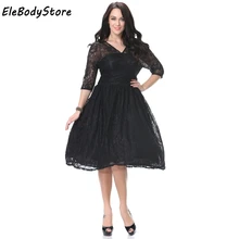 ELEBODYSTORE размера плюс женское Элегантное повседневное сексуальное черное миди кружевное летнее платье с v-образным вырезом женское тонкое короткое платье 5XL 6XL 7XL