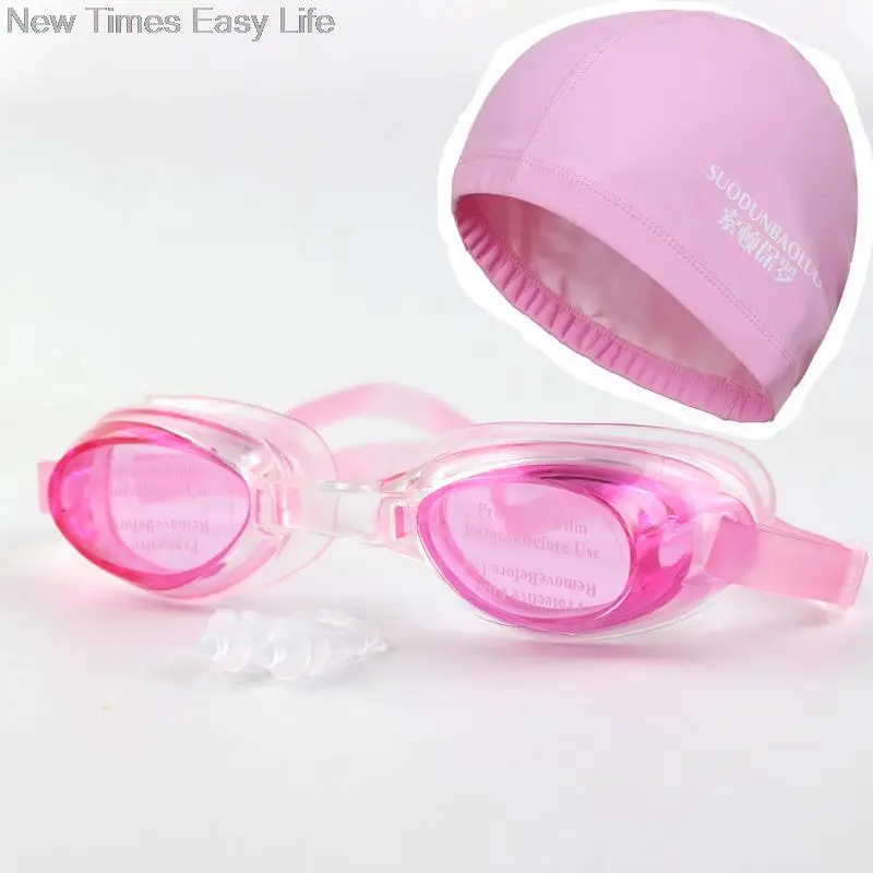 Adult Waterproof Swim Swimming Goggles Eyewear Glasses w/ Case & Ear Hair Protection PU Fabric Cap Hat For Men Women Ladies