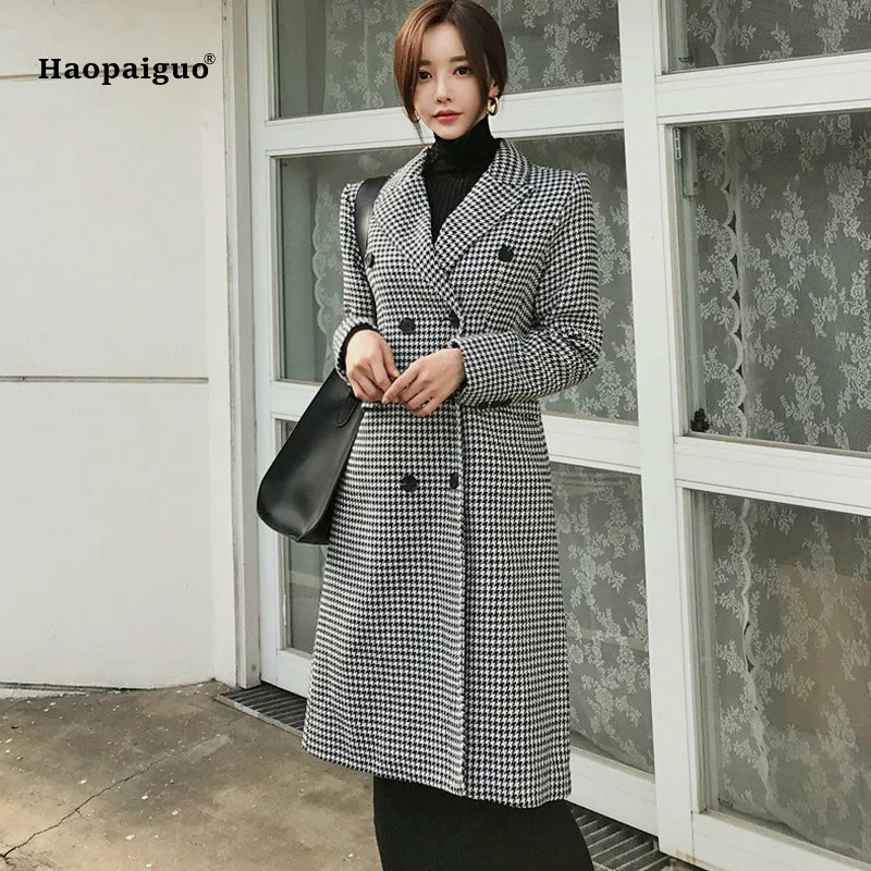 

2 Piece Set Plus Size Autumn Women Black Full Sleeve Casual Knitted Midi Dress and Plaid Notched Suit Long Coat Outwear Coats