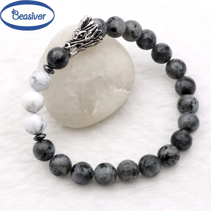 

Retro Vintage Dragon Head Powerful Animal Charm Bracelets Bangles Imperial Symbol Moon Stones Howlite Unisex Jewelry