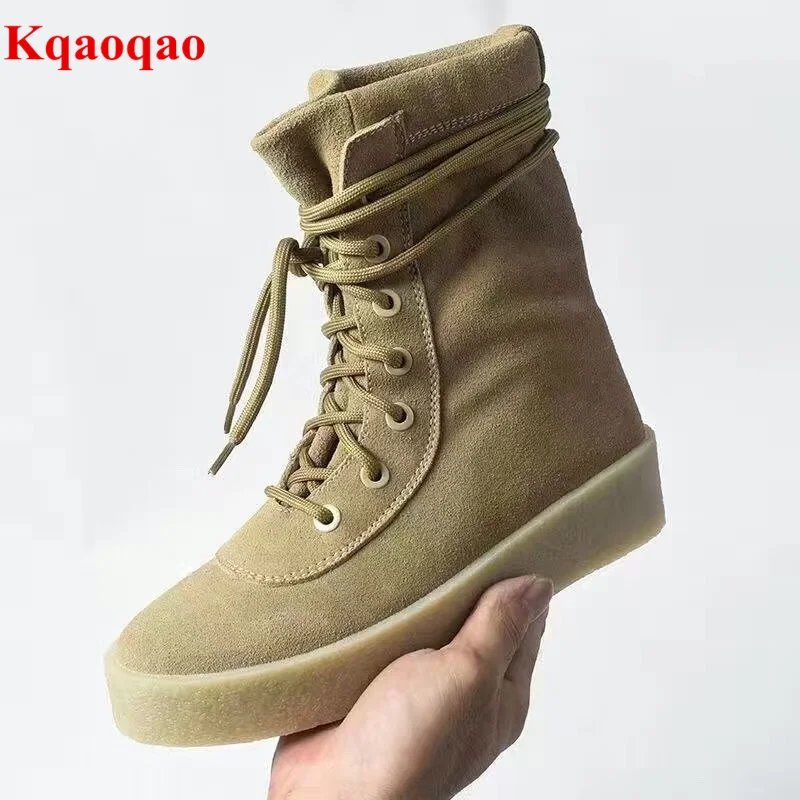 

Women Ankle Boots Brand Star Runway Shoe Front Lace Up Shoes Solid Flats Spring Short Booties Kid Suede Platform Sapato Feminino