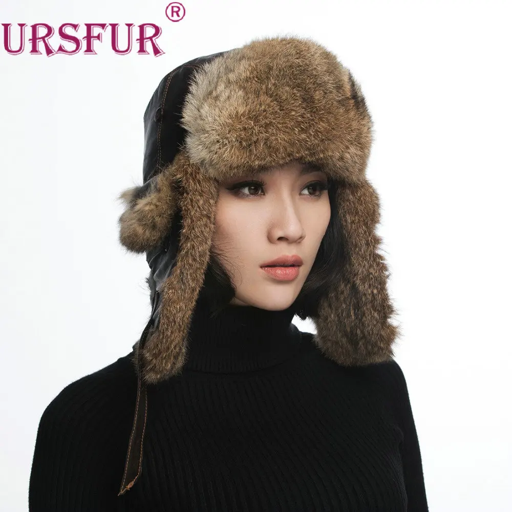 URSFUR Women Winter Warm Hat Unisex Leather & Real Rabbit Fur Cap With Ear-flaps Bomber Bonnet Homme Gorro Female | Аксессуары для