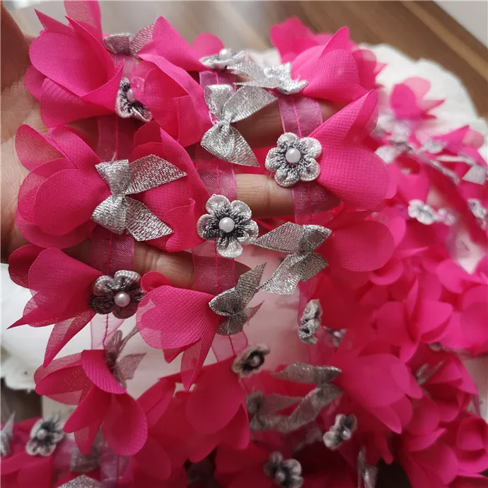 

1 Meter High Quality 3D Chiffon Flower Bowknot Lace In Hot Pink DIY Sewing Supplies 4cm Wide