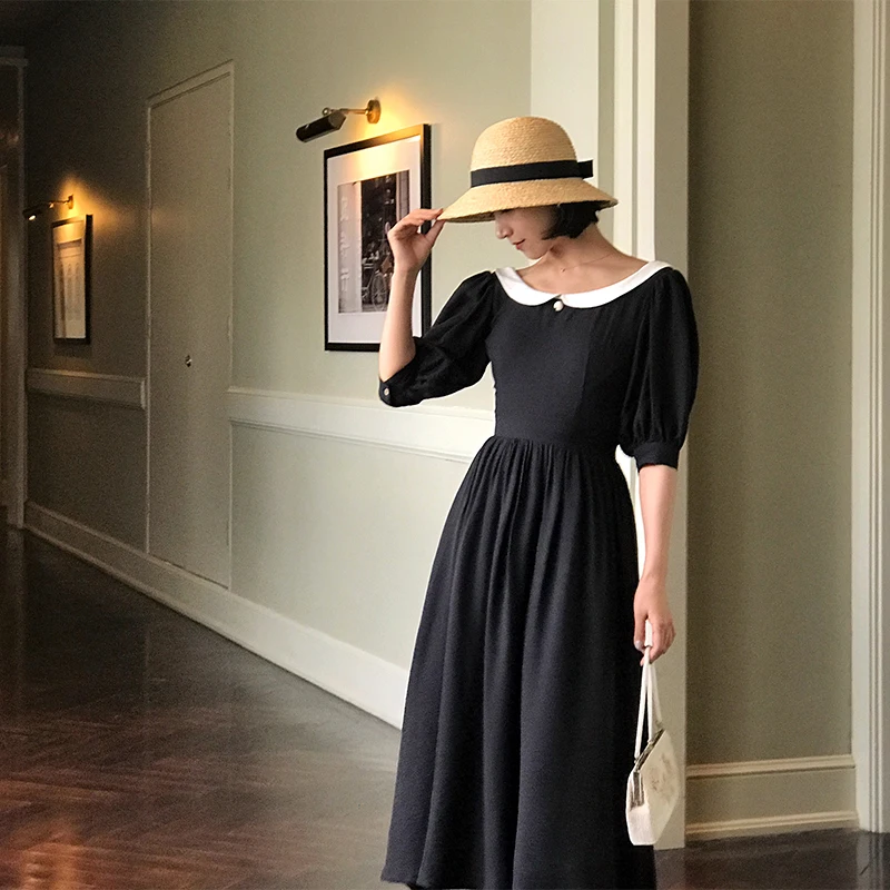 

Spring Summer Women Vintage Chiffon Black Long Dress Ladies Hepburn Style Elegant Slim Removable Peter Pan Collar elbise clothes