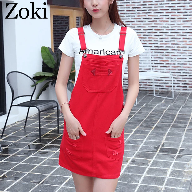 

Zoki New 2019 Women Denim Suspender Dress Fashion Summer Korean Wash Ripped Jeans Mini Dress Casual High Waist Female Streetwear