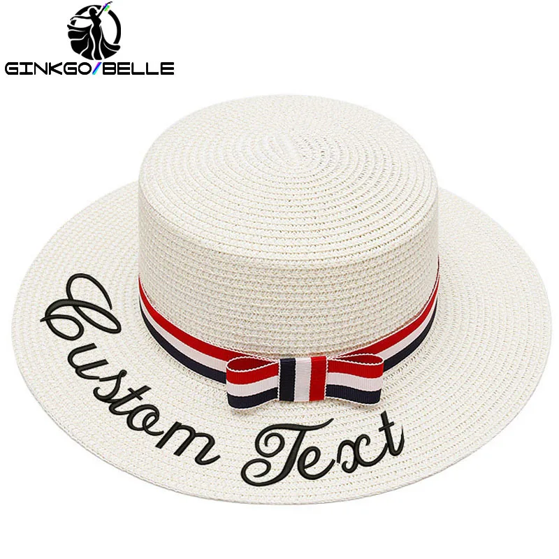 

Embroidery Personalized Custom Name Text LOGO Women Sun Hat Lace Ribbon Bow Men Straw Hat Outdoor Beach hat Summer Unisex Cap