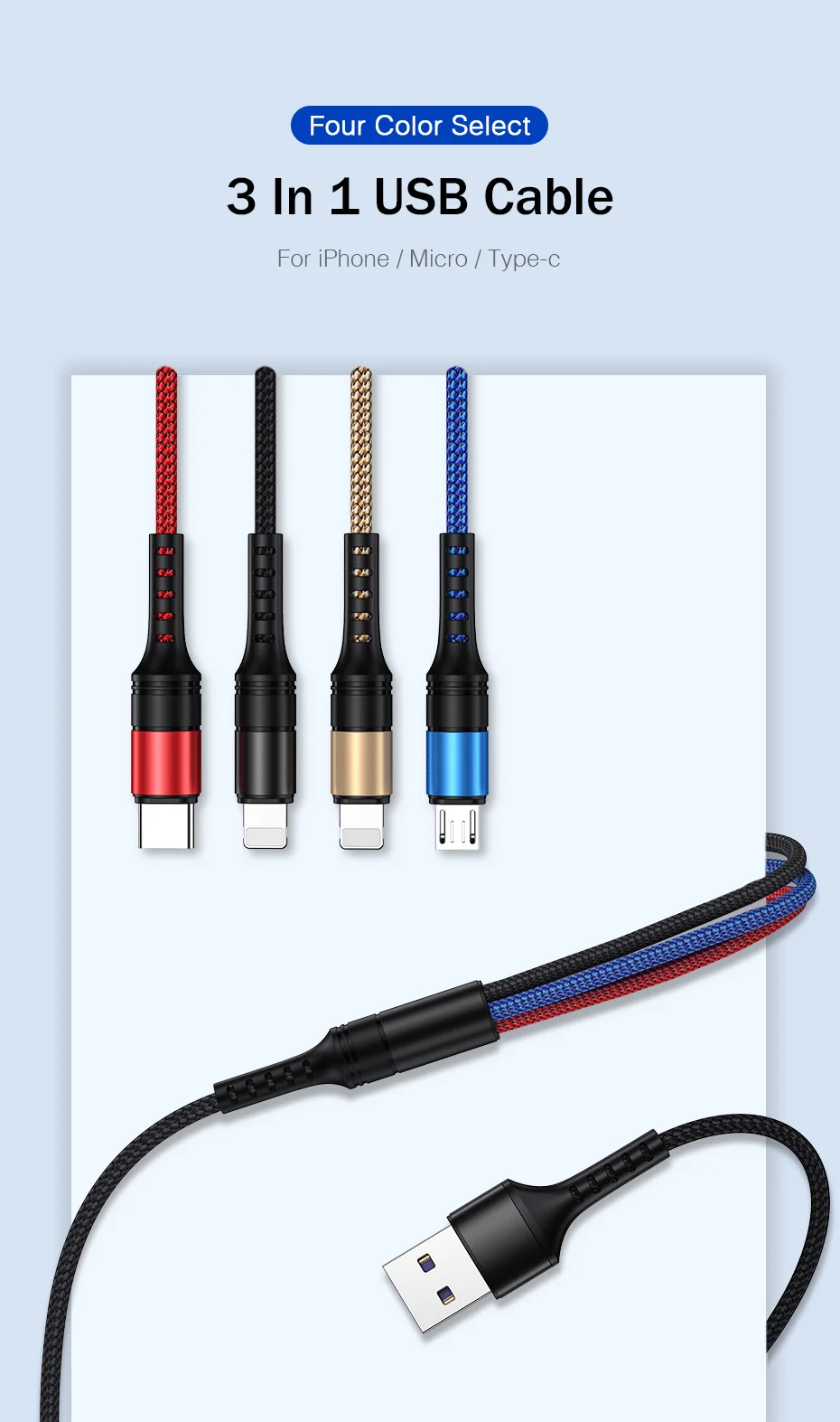 ROCK 3 в 1 USB кабель 3A для мобильного телефона Micro usb type C кабель зарядного устройства для iPhone XR XS Max X huawei USB C провод для быстрой зарядки
